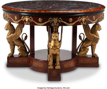 61006: A French Empire-Style Gilt Bronze-Mounted Marque: A French Empire-Style Gilt Bronze-Mounted Marquetry Inlaid Center Table 35 x 57 inches (88.9 x 144.8 cm) HID03101062020 © 2024 Heritage Auctions | All Rights Reserved