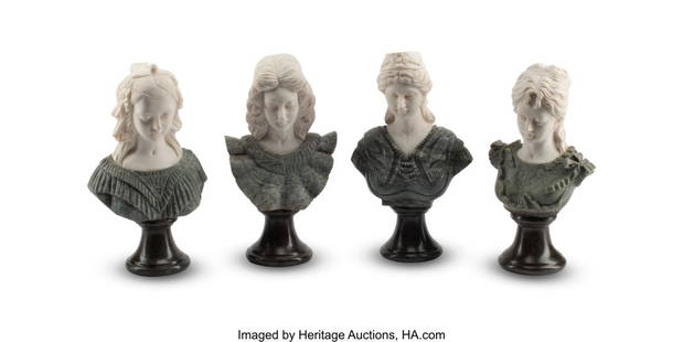 61007: A Set of Four Italian Miniature Marble Busts 12: A Set of Four Italian Miniature Marble Busts 12 x 7 x 4 inches (30.5 x 17.8 x 10.2 cm) (tallest) HID03101062020 © 2024 Heritage Auctions | All Rights Reserved