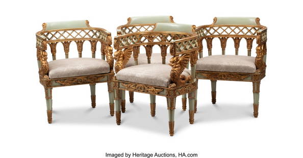 61011: A Set of Four Italian Neoclassical Partial Gilt: A Set of Four Italian Neoclassical Partial Gilt Armchairs 33-1/2 x 24-1/2 x 21 inches (85.1 x 62.2 x 53.3 cm) (each) HID03101062020 © 2024 Heritage Auctions | All Rights Reserved