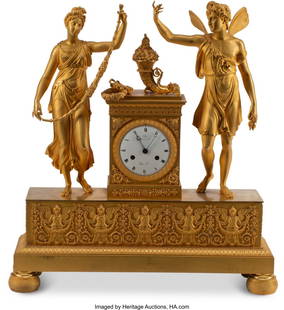 61012: A French Empire-Style Gilt Bronze Clock, late 19: A French Empire-Style Gilt Bronze Clock, late 19th century 22 x 19-1/2 x 6 inches (55.9 x 49.5 x 15.2 cm) HID03101062020 © 2024 Heritage Auctions | All Rights Reserved