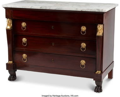 61018: A French Empire-Style Mahogany Chest of Drawers: A French Empire-Style Mahogany Chest of Drawers with White Marble Top, 19th century 36 x 48 x 22-1/2 inches (91.4 x 121.9 x 57.2 cm) HID03101062020 © 2024 Heritage Auctions | All Rights