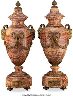 61019: A Pair of Gilt Bronze-Mounted Marble Urns, circa: A Pair of Gilt Bronze-Mounted Marble Urns, circa 1900 22 x 8-1/2 x 7 inches (55.9 x 21.6 x 17.8 cm) (each) Property From a Distinguished Family Collection, Dallas, Texas HID03101062020 © 2024