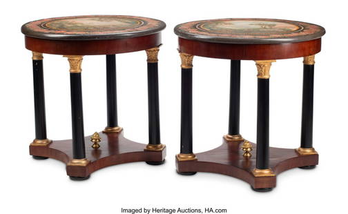 61020: A Pair of French Empire-Style Mahogany Partial G: A Pair of French Empire-Style Mahogany Partial Gilt Tables with Scagliola Top 31-1/2 x 32 inches (80.0 x 81.3 cm) (each) HID03101062020 © 2024 Heritage Auctions | All Rights Reserved