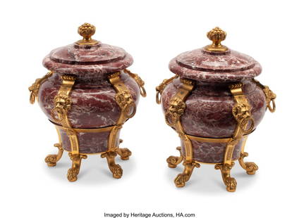 61021: A Pair of French Régence-Style Gilt Bronze-Moun: A Pair of French Régence-Style Gilt Bronze-Mounted Rouge Marble Covered Cassolettes 10 x 8 inches (25.4 x 20.3 cm) (each) HID03101062020 © 2024 Heritage Auctions | All Rights Reserved