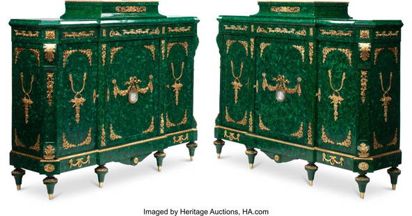 61022: A Pair of Large Louis XVI-Style Gilt Bronze-Moun: A Pair of Large Louis XVI-Style Gilt Bronze-Mounted Malachite Veneer Cabinets 57 x 67 x 21 inches (144.8 x 170.2 x 53.3 cm) (each) HID03101062020 © 2024 Heritage Auctions | All Rights Reserved