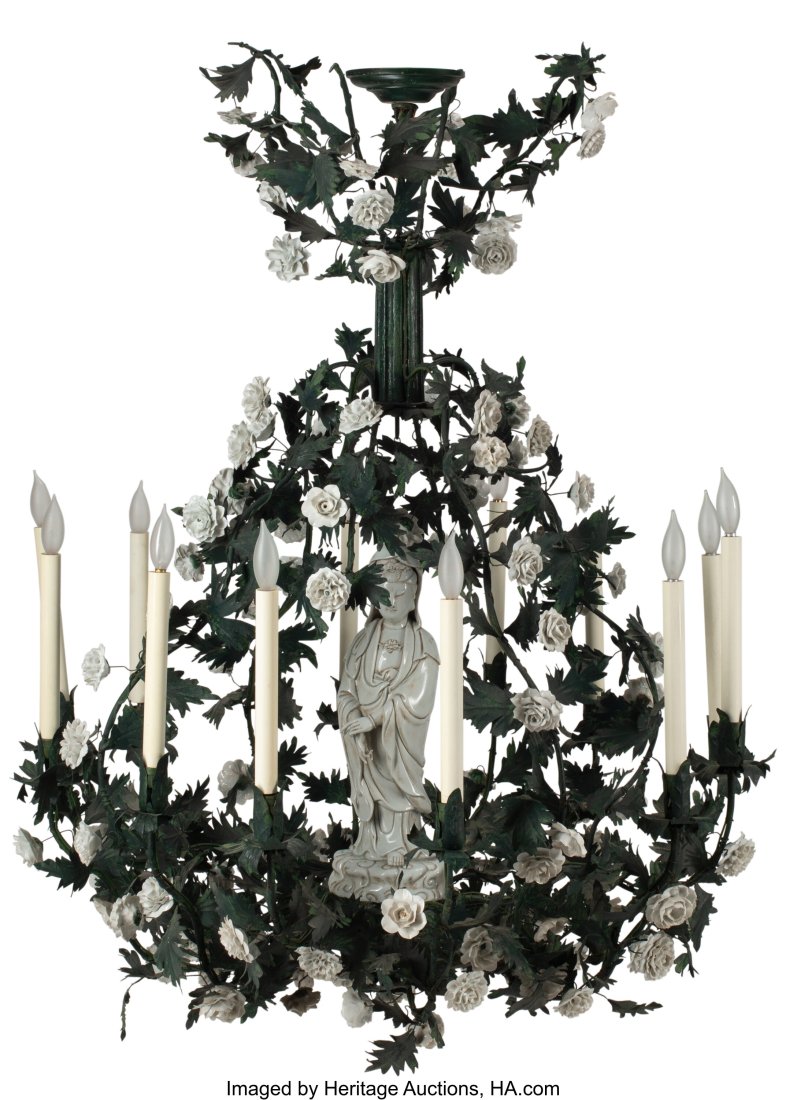A French Toile and Porcelain Twelve-Light Figura: A French Toile and Porcelain Twelve-Light Figural Chandelier, 19th century 42 x 31 inches (106.7 x 78.7 cm) HID03101062020 © 2024 Heritage Auctions | All Rights
