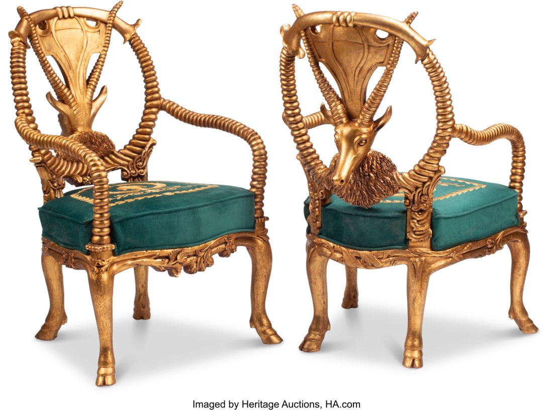 A Pair of Italian Gilt Grotto-Style Armchairs wi: A Pair of Italian Gilt Grotto-Style Armchairs with Deer Motif 43-1/2 x 27 x 24 inches (110.5 x 68.6 x 61.0 cm) (each) HID03101062020 © 2024 Heritage Auctions | All Rights Reserved