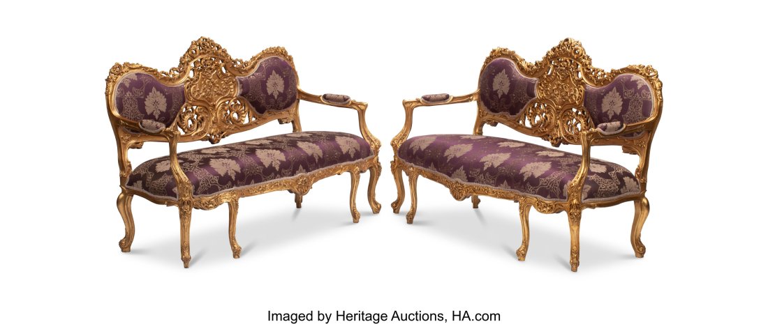 A Pair of Italian Regency-Style Gilt Carved Wood: A Pair of Italian Regency-Style Gilt Carved Wood and Upholstered Settees 41-1/2 x 66 x 25 inches (105.4 x 167.6 x 63.5 cm) (each) HID03101062020 © 2024 Heritage Auctions | All Rights Reserved