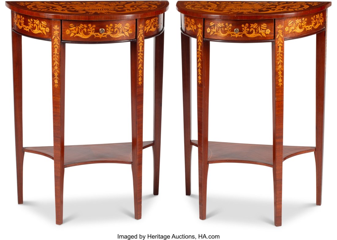 A Pair of Diminutive Dutch Marquetry Demilune Co: A Pair of Diminutive Dutch Marquetry Demilune Console Tables 30 x 23 x 12-1/2 inches (76.2 x 58.4 x 31.8 cm) (each) HID03101062020 © 2024 Heritage Auctions | All Rights Reserved
