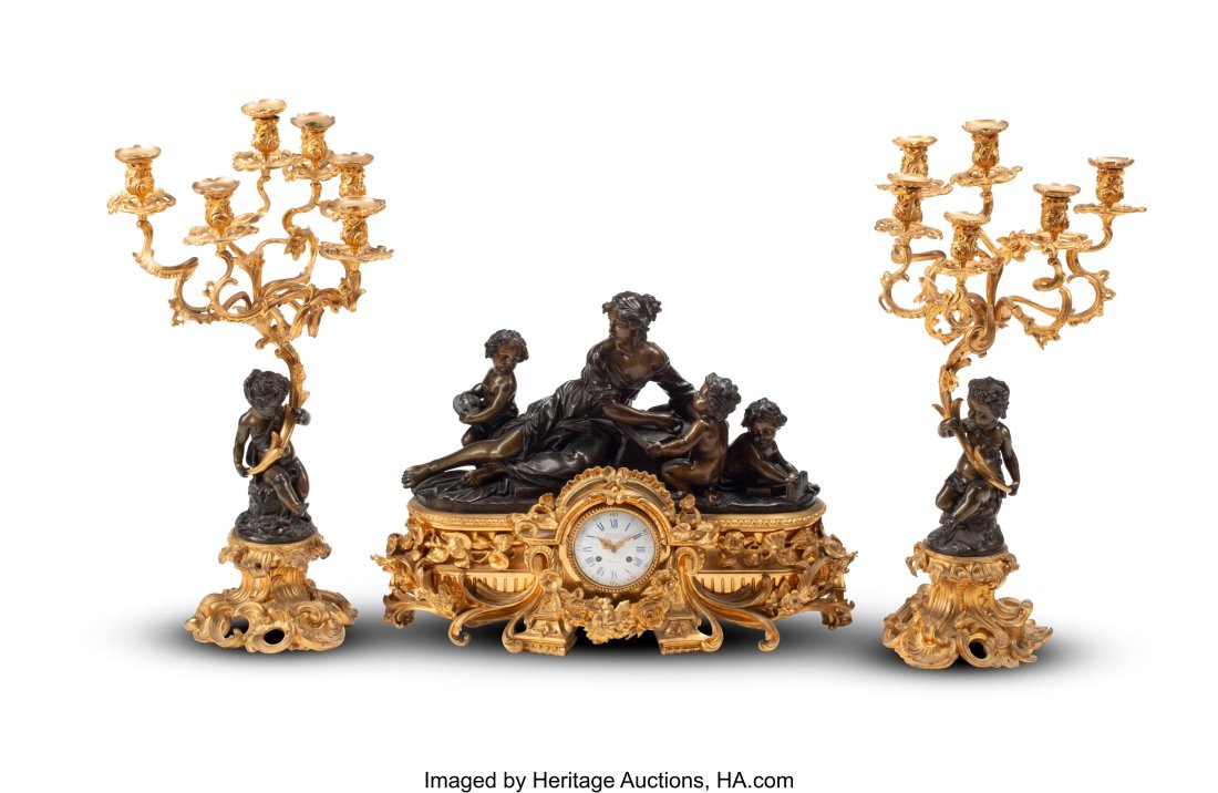A Large French Three-Piece Gilt and Patinated Br (1 of 6)