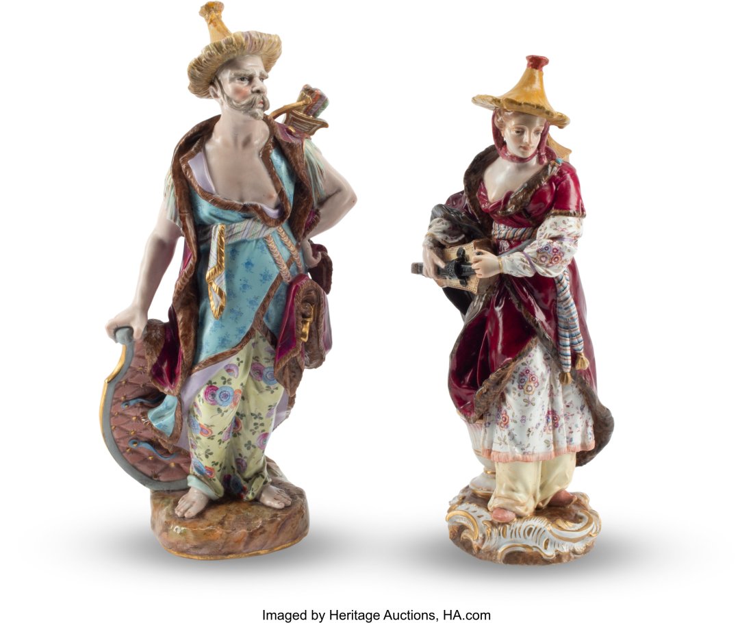 A Pair of Meissen Partial Gilt Porcelain Chinois: A Pair of Meissen Partial Gilt Porcelain Chinoiserie Figures: Malabar, 19th century Marks: (crossed swords in blue underglaze), (various) 14 x 6 x 4 inches (35.6 x 15.2 x 10.2 cm) (tallest) HID0310106