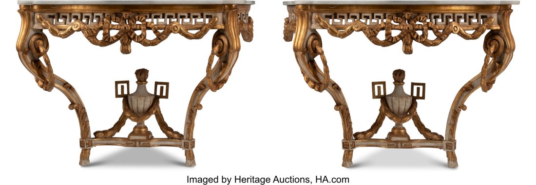 A Pair of Italian Neoclassical Partial Gilt and: A Pair of Italian Neoclassical Partial Gilt and Painted Console Tables with Marble Tops 33-1/2 x 51 x 22 inches (85.1 x 129.5 x 55.9 cm) (each) HID03101062020 © 2024 Heritage Auctions | All Rights Re