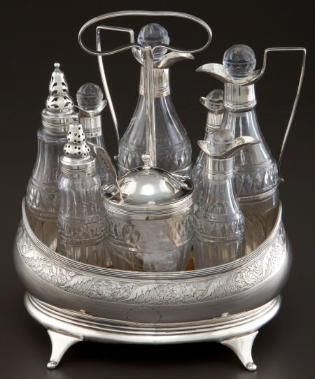 A THOMAS WALLIS GEORGE III SILVER AND GLASS COND: A THOMAS WALLIS GEORGE III SILVER AND GLASS CONDIMENT SET Thomas Wallis, London, Engl