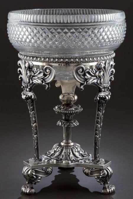 A MATTHEW BOULTON GEORGE III SILVER STAND WITH A: A MATTHEW BOULTON GEORGE III SILVER STAND WITH ASSOCIATED GLASS BOWL Matthew Boulton,