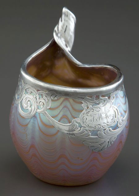 A LOETZ GLASS VASE WITH LA PIERRE SILVER OVERLAY: A LOETZ GLASS VASE WITH LA PIERRE SILVER OVERLAY Glasfabrik Johann Loetz Witwe, Klost