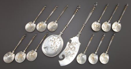 A FOURTEEN PIECE ALPHONSE DEBAIN FRENCH SILVER A: A FOURTEEN PIECE ALPHONSE DEBAIN FRENCH SILVER AND SILVER GILT DESSERT SERVING SET Al