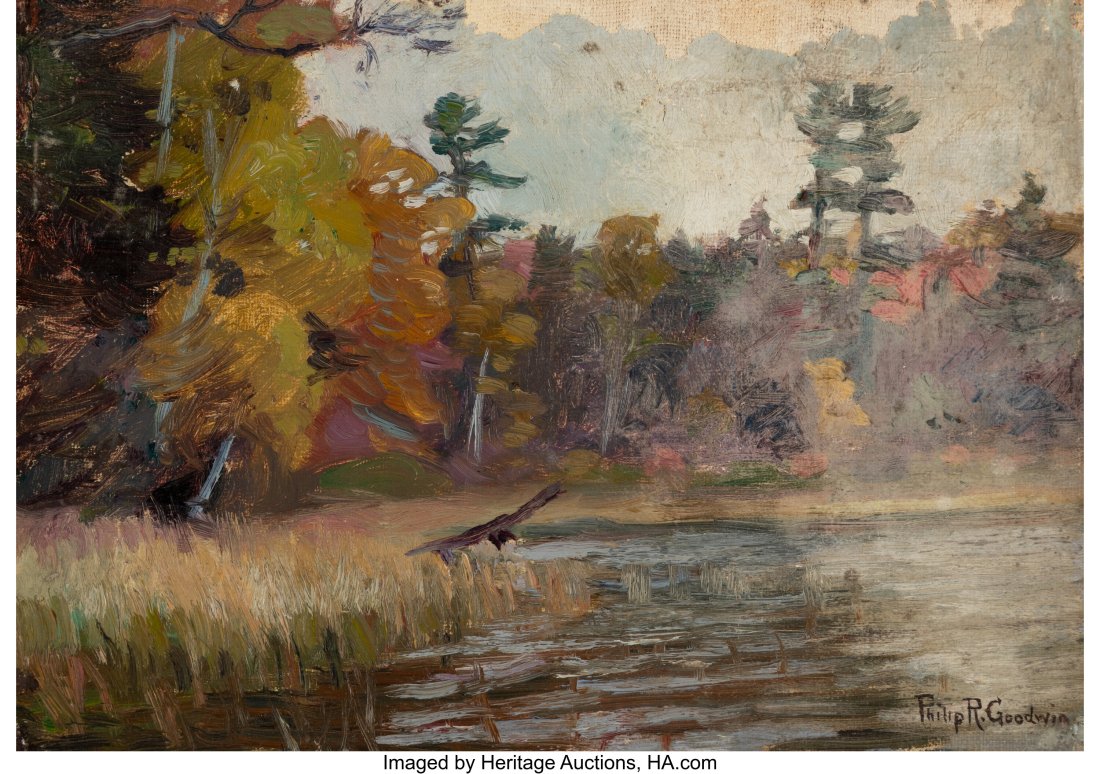 Philip Russell Goodwin (American, 1881-1935) Soa: Philip Russell Goodwin (American, 1881-1935) Soaring Eagle and Windswept Pines (group of two) Oil on canvas; Oil on canvas laid on board 7-1/2 x 10-1/4 inches &l