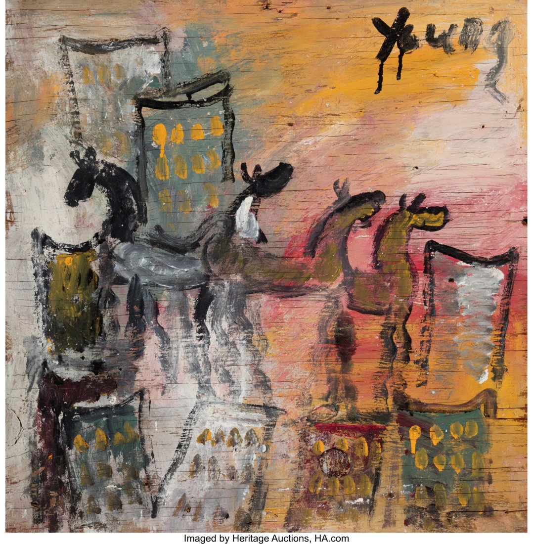 Purvis Young (American, 1943-2010) Cityscape wit: Purvis Young (American, 1943-2010) Cityscape with Horses Mixed media on panel 24 x 23-3/4 inches (61.0 x 60.3 cm) Signed upper right: Young Property f
