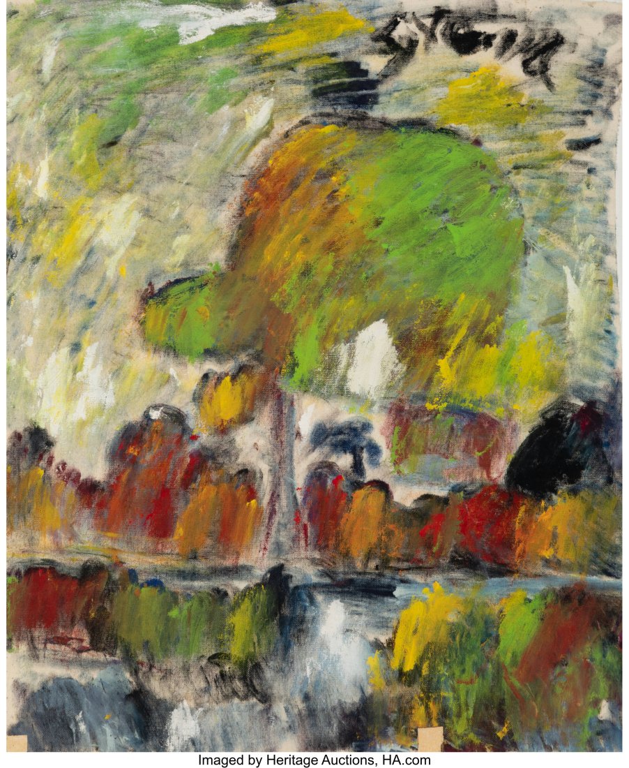 Purvis Young (American, 1943-2010) Untitled (Lan: Purvis Young (American, 1943-2010) Untitled (Landscape) Oil on cut canvas 22-1/4 x 18-1/4 inches (56.5 x 46.4 cm) Signed upper right: Yo