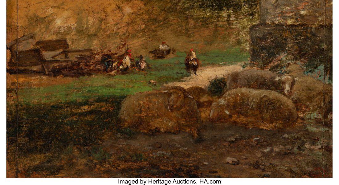 Constant Troyon (French, 1810-1865) Study of she: Constant Troyon (French, 1810-1865) Study of sheep and chickens in a farmyard Oil on panel 10-1/4 x 17-3/4 inches (26.0 x 45.1 cm) Partially stamped low