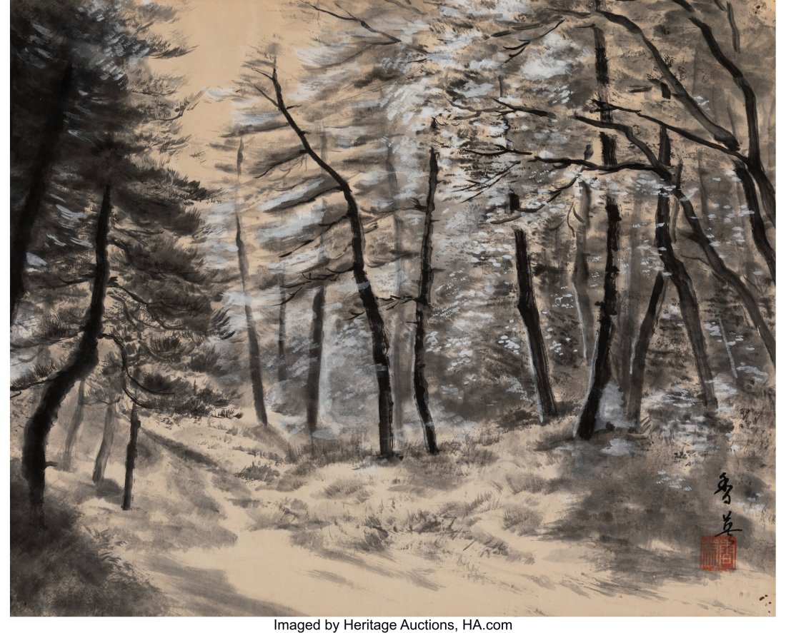 Japanese School (20th Century) Snowy Forest Ink : Japanese School (20th Century) Snowy Forest Ink and color on paper 17-1/4 x 21-1/4 inches (43.8 x 54.0 cm) (sight) Signed with seal to lower right H