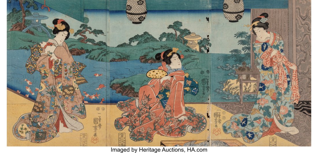 Utagawa Kuniyoshi (Japanese, 1798-1861) Three Be: Utagawa Kuniyoshi (Japanese, 1798-1861) Three Beauties Triptych (Three Works) Woodblock on paper 14 x 28-1/2 inches (35.6 x 72.4 cm) (overall
