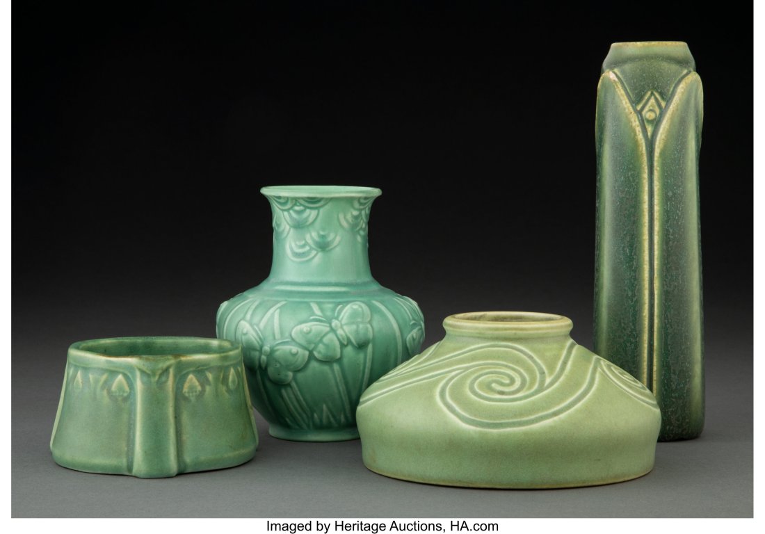 A Collection of Four Rookwood Pottery Glazed Ear: A Collection of Four Rookwood Pottery Glazed Earthenware Table Articles, 1902-1935 Marks: (Rookwood cipher), (various) 7-1/2 x 2 x 2 inches (19.1