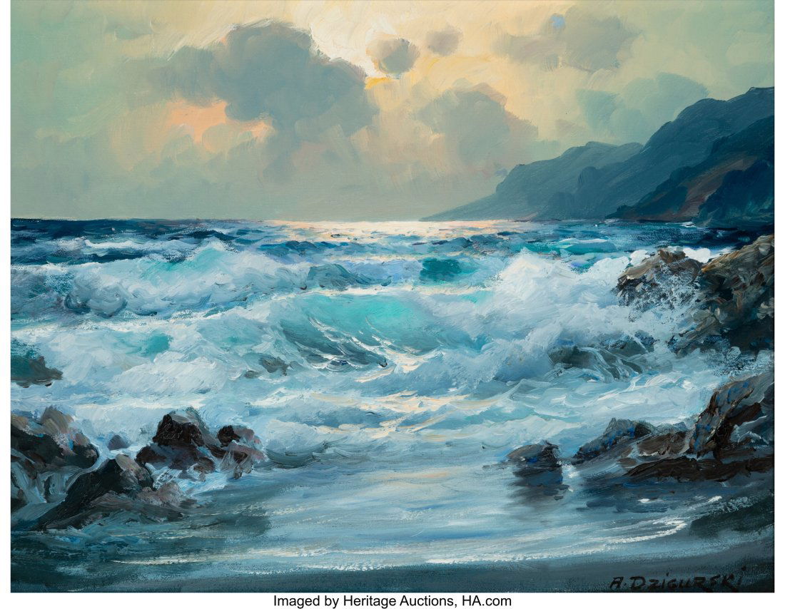 Alexander Dzigurski (Russian/American, 1911-1995: Alexander Dzigurski (Russian/American, 1911-1995) Crashing Waves Oil on canvas 14 x 18 inches (35.6 x 45.7 cm) Signed lower right: A. Dzigurski