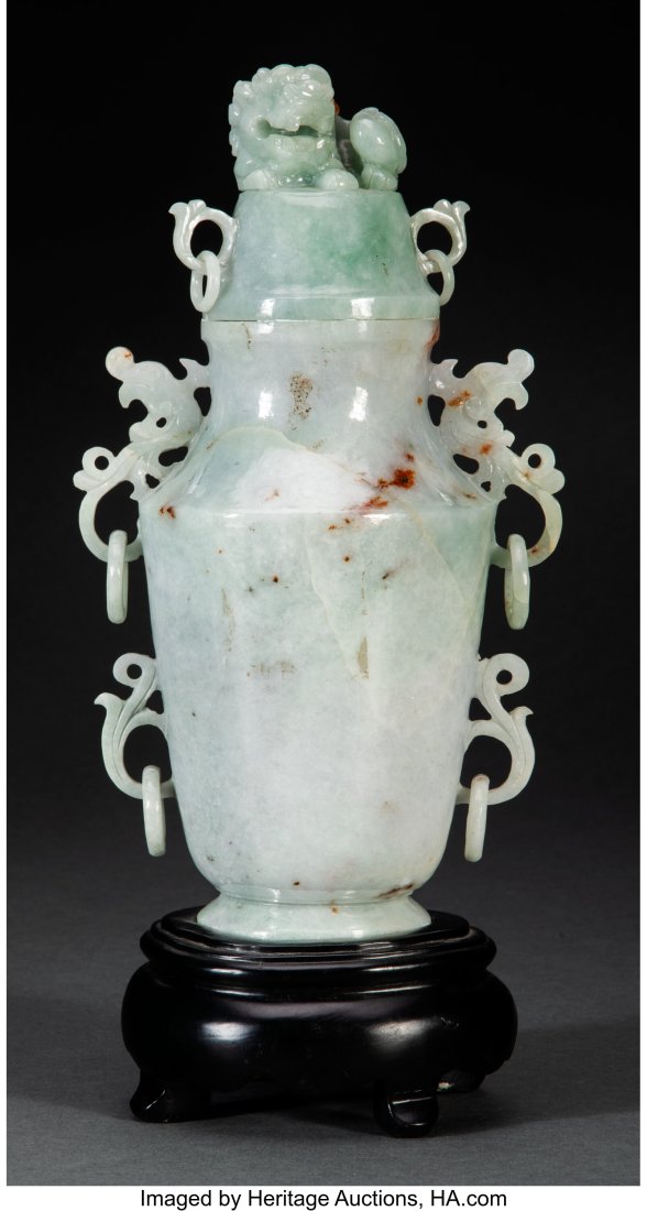 A Chinese Carved Jadeite Covered Vase 12-3/4 x 6: A Chinese Carved Jadeite Covered Vase 12-3/4 x 6-1/4 x 5 inches (32.4 x 15.9 x 12.7 cm) HID03101062020 © 2024 Heritage Auctions | All Rights Reserved
