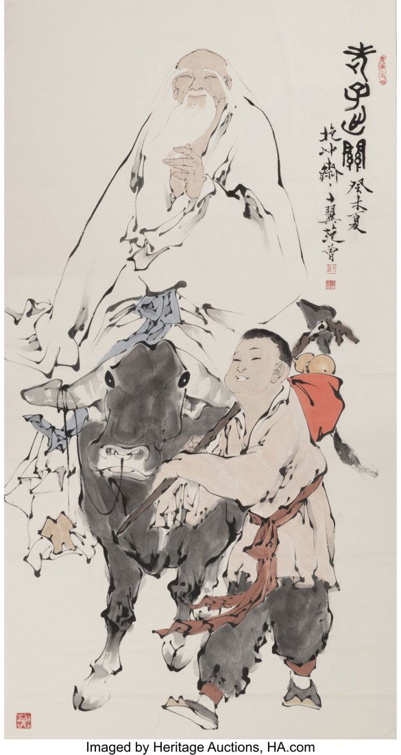 Attributed to Fan Zeng (Chinese, b. 1938) Schola: Attributed to Fan Zeng (Chinese, b. 1938) Scholar with Boy and Ox Ink and color on paper 70-1/4 x 37-1/2 inches (178.4 x 95.3 cm) (work&rpar