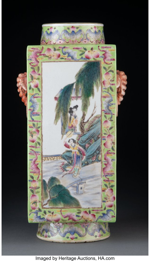 Chinese Famille Rose Enamel Double-Elephant Hand: Chinese Famille Rose Enamel Double-Elephant Handled Square Vase, Republic period Marks: iron red six-character Daoguang mark 13 x 5-1/4 x 5-1/4 inches (33.0 x 13&period