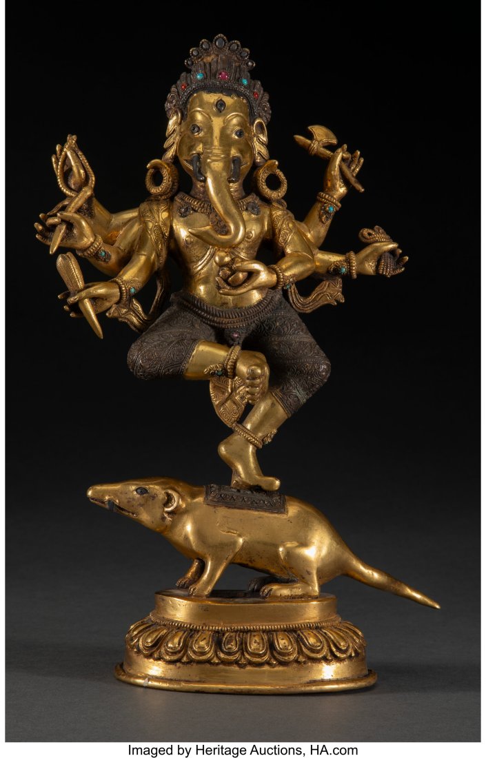 A Sino-Tibetan Gilt Bronze Ganesh Dancing on a R: A Sino-Tibetan Gilt Bronze Ganesh Dancing on a Rat Figure 12 x 9 x 3-1/4 inches (30.5 x 22.9 x 8.3 cm) HID03101062020 © 2024 Heritage Auctions | All Rights