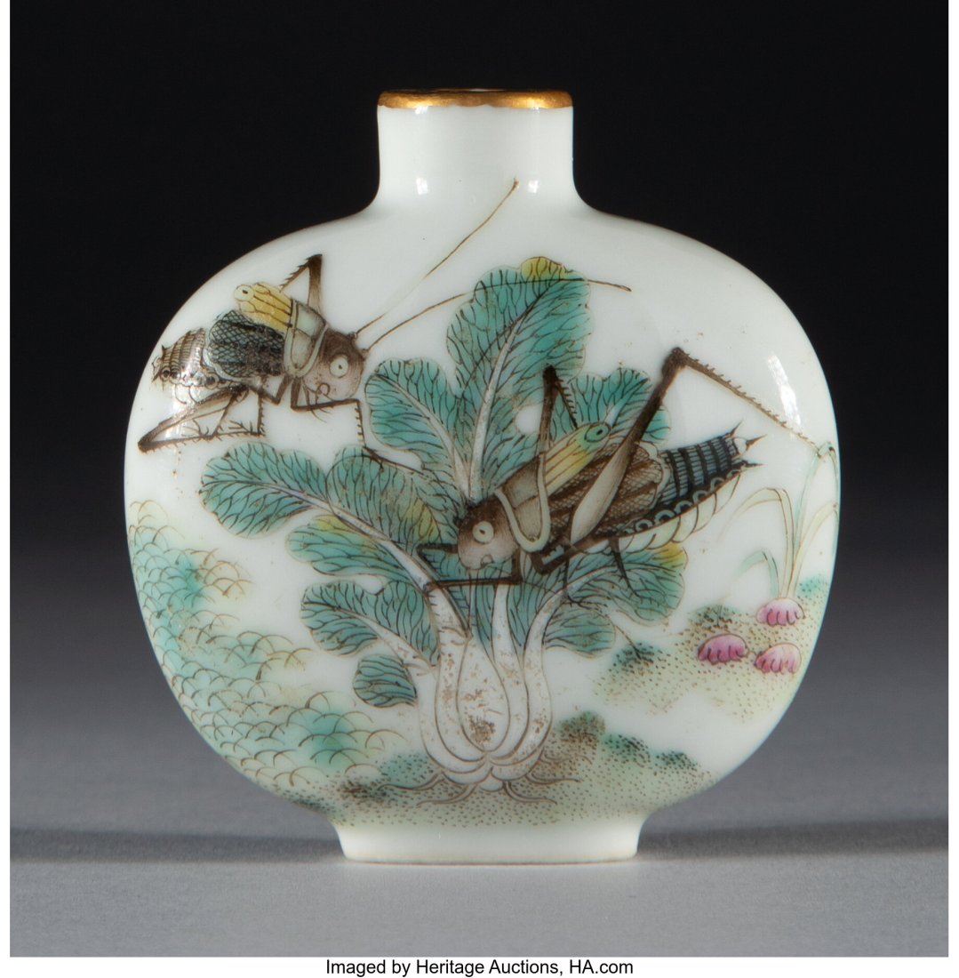 A Chinese Famille Rose Grashopper Snuff Bottle M: A Chinese Famille Rose Grashopper Snuff Bottle Marks: Iron-red four-character Daoguang mark 2-1/8 x 2 x 0-5/8 inches (5.4 x 5.1 x 1.6 cm) HID03101062020 &c