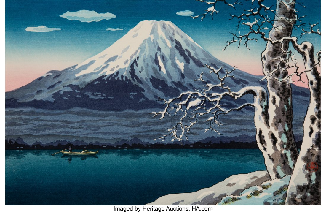 Koitsu Tsuchiya (Japanese, 1870-1949) Lake Yaman: Koitsu Tsuchiya (Japanese, 1870-1949) Lake Yamanaka in Winter, 1939, dated in the right margin and the publisher seals Woodblock print on wove paper 10-3/8 x 15-1/2
