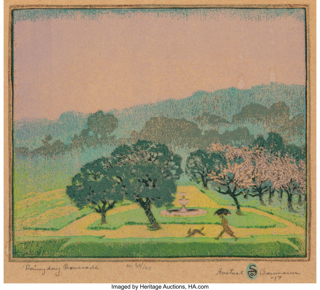 Gustave Baumann (German/American, 1881-1971) Rai: Gustave Baumann (German/American, 1881-1971) Rainy Day Promenade, 1917 Woodcut in colors on paper 10-5/8 x 11-1/4 inches (27.0 x 28.6 cm) &lpa