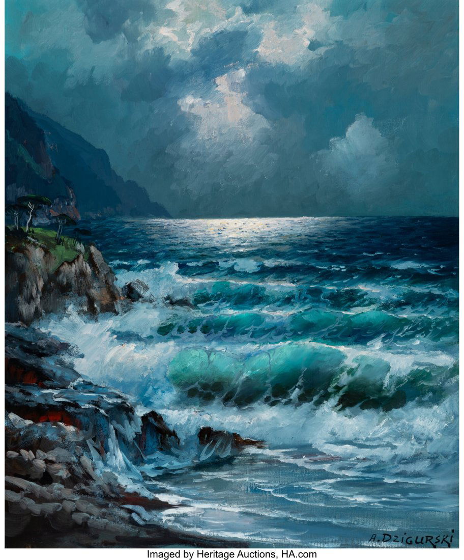 Alexander Dzigurski (Russian/American, 1911-1995: Alexander Dzigurski (Russian/American, 1911-1995) Stormy Coastline Oil on canvas 24 x 20 inches (61.0 x 50.8 cm) Signed lower right: A. Dzigurs