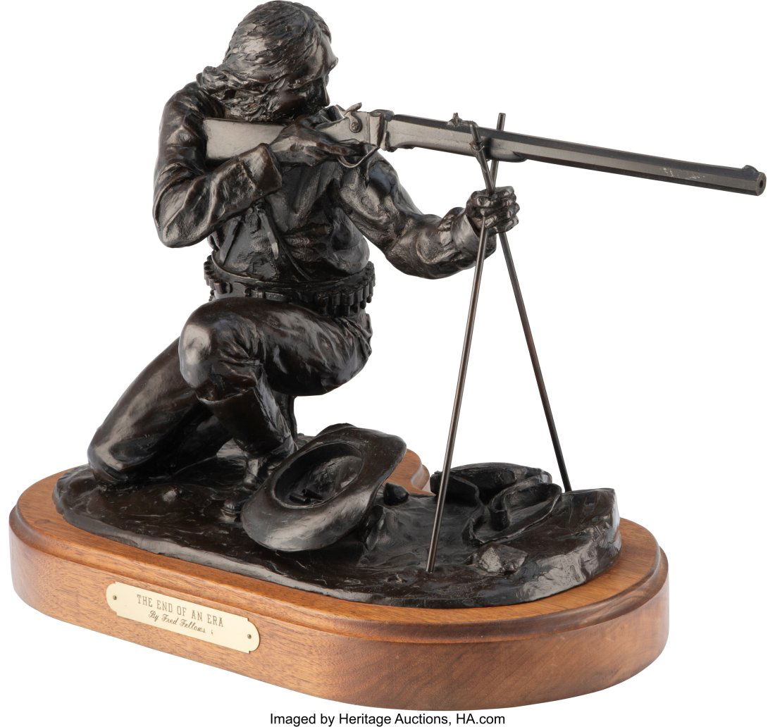 Fred Fellows (American, b. 1934) The End of an E: Fred Fellows (American, b. 1934) The End of an Era, 1981 Bronze with brown patina 12 inches (30.5 cm) high on 3 inches (7.62 cm) high woo