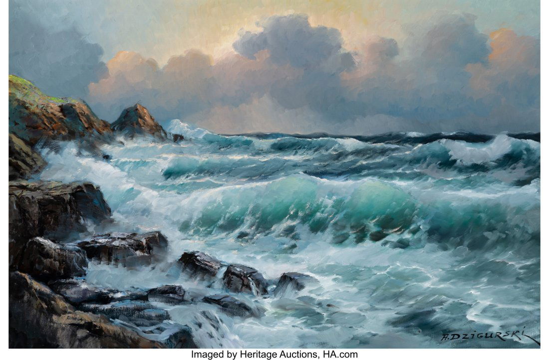 Alexander Dzigurski (Russian/American, 1911-1995: Alexander Dzigurski (Russian/American, 1911-1995) Sunset Swells Oil on canvas 24 x 36 inches (61.0 x 91.4 cm) Signed lower right: A. Dzigurski