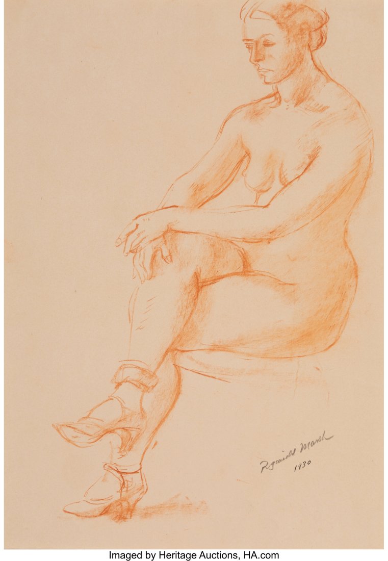 Reginald Marsh (American, 1898-1954) Nude, 1930: Reginald Marsh (American, 1898-1954) Nude, 1930 Conte crayon on paper 12-1/2 x 9-1/2 inches (31.8 x 24.1 cm) (sheet) Signed and dated lower right: Reginald Marsh / 1930 PROVENANCE: Louise Benton Wagne