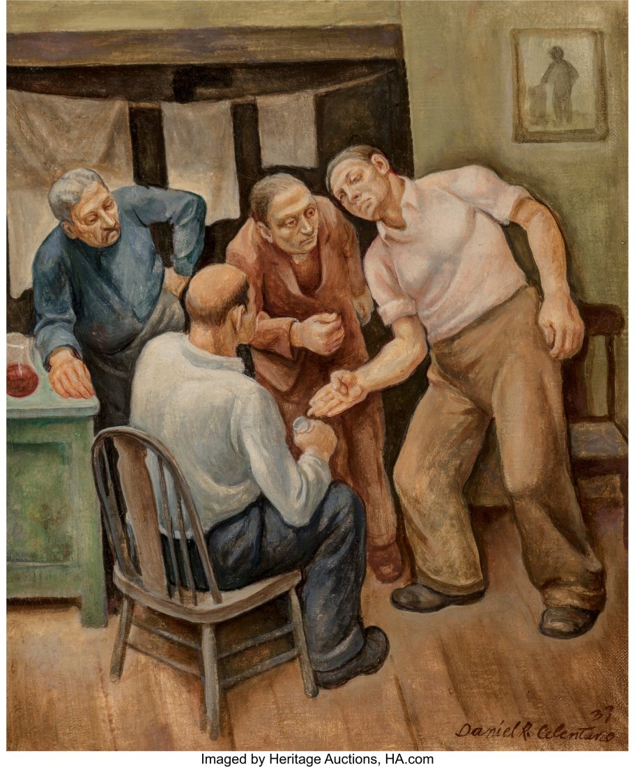 Daniel Ralph Celentano (American, 1902-1980) A G: Daniel Ralph Celentano (American, 1902-1980) A Game O'Morra, 1937 Oil on canvasboard 18 x 15 inches (45.7 x 38.1 cm) Signed lower right: Daniel R&pe