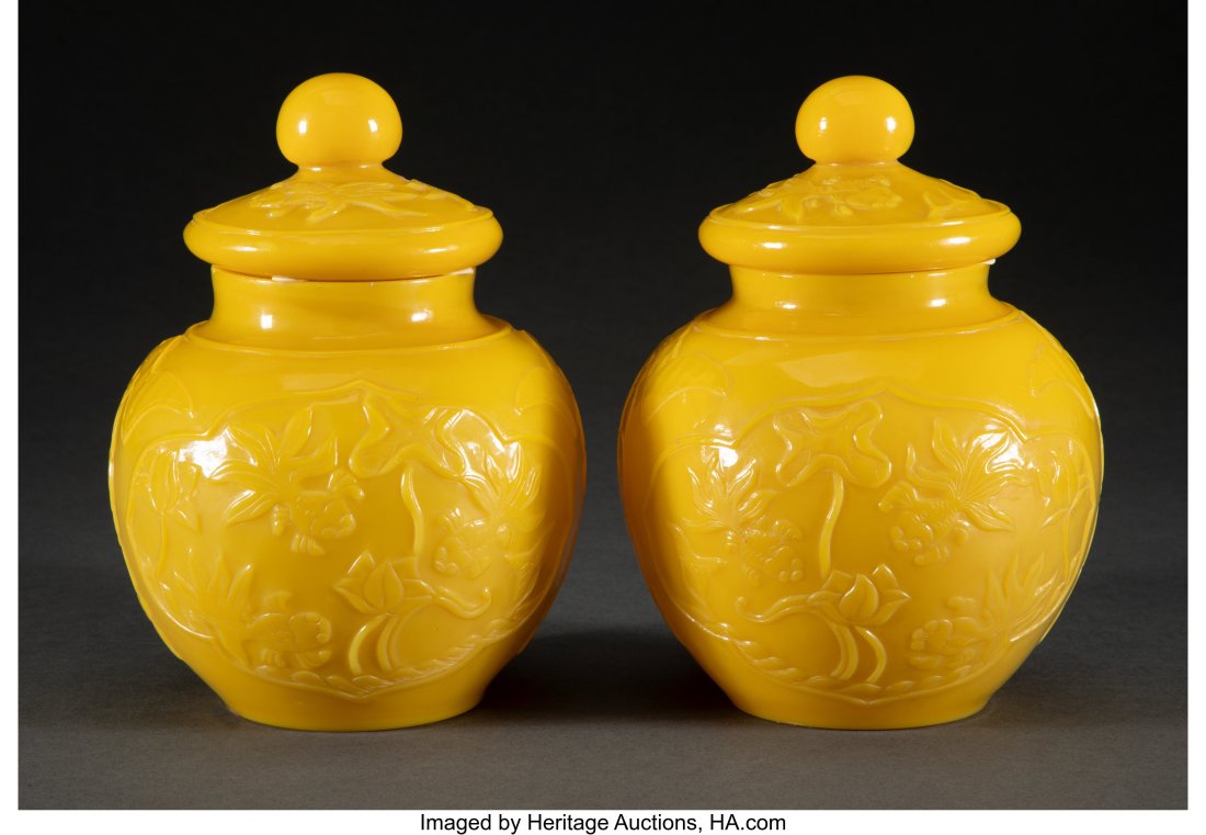 A Pair of Chinese Yellow Glass Covered Jars 7-7/: A Pair of Chinese Yellow Glass Covered Jars 7-7/8 x 5-3/4 inches (20.0 x 14.6 cm) (each) HID03101062020 © 2024 Heritage Auctions | All Rights Reserv