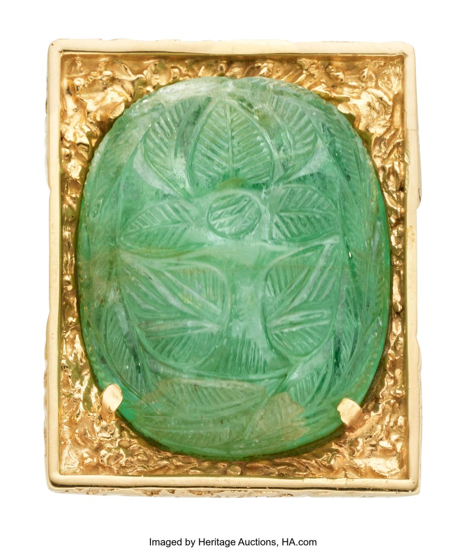 Green Beryl, Gold Ring Stones: Carved green ber: Green Beryl, Gold Ring Stones: Carved green beryl Metal: 14k gold Gross Weight: 28.50 grams Size: 6-1/4 (not sizeable) HID03101062020 © 2024 Her