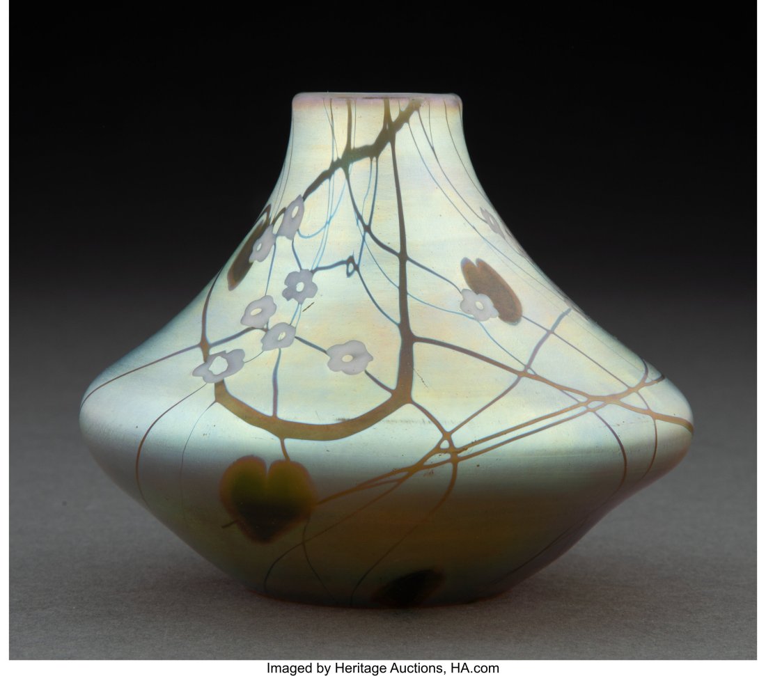 Steuben Decorated Gold Aurene Glass Cabinet Vase: Steuben Decorated Gold Aurene Glass Cabinet Vase with Millefiori, circa 1910 Marks: aurene, 661 3 inches (7.6 cm) PROVENANCE: Important Private Collection of S