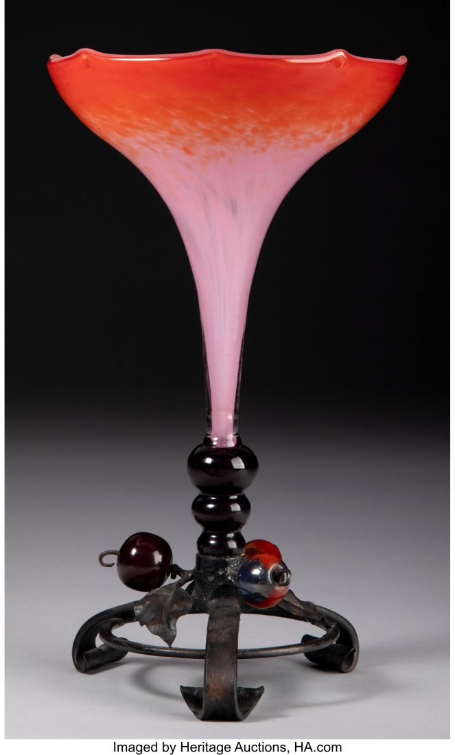 Schneider Mottled Glass Vase with Wrought Iron M: Schneider Mottled Glass Vase with Wrought Iron Mount, circa 1920 Marks: Schneider 11 inches (27.9 cm) (overall) HID03101062020 © 2024 Heritage Auctions &ver