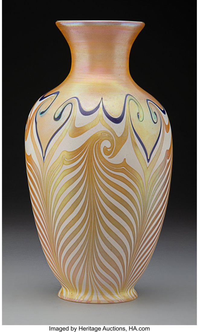 Large Quezal Iridescent Glass Hooked Feather Lam: Large Quezal Iridescent Glass Hooked Feather Lamp Base, circa 1905 14 inches (35.6 cm) HID03101062020 © 2024 Heritage Auctions | All Rights Reserved