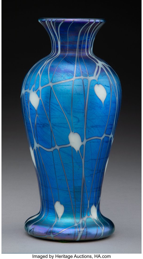 Durand Iridescent Glass Heart and Vine Vase, cir: Durand Iridescent Glass Heart and Vine Vase, circa 1924 Marks: Durand 6-1/2 inches (16.5 cm) HID03101062020 © 2024 Heritage Auctions | All Rights Reserved
