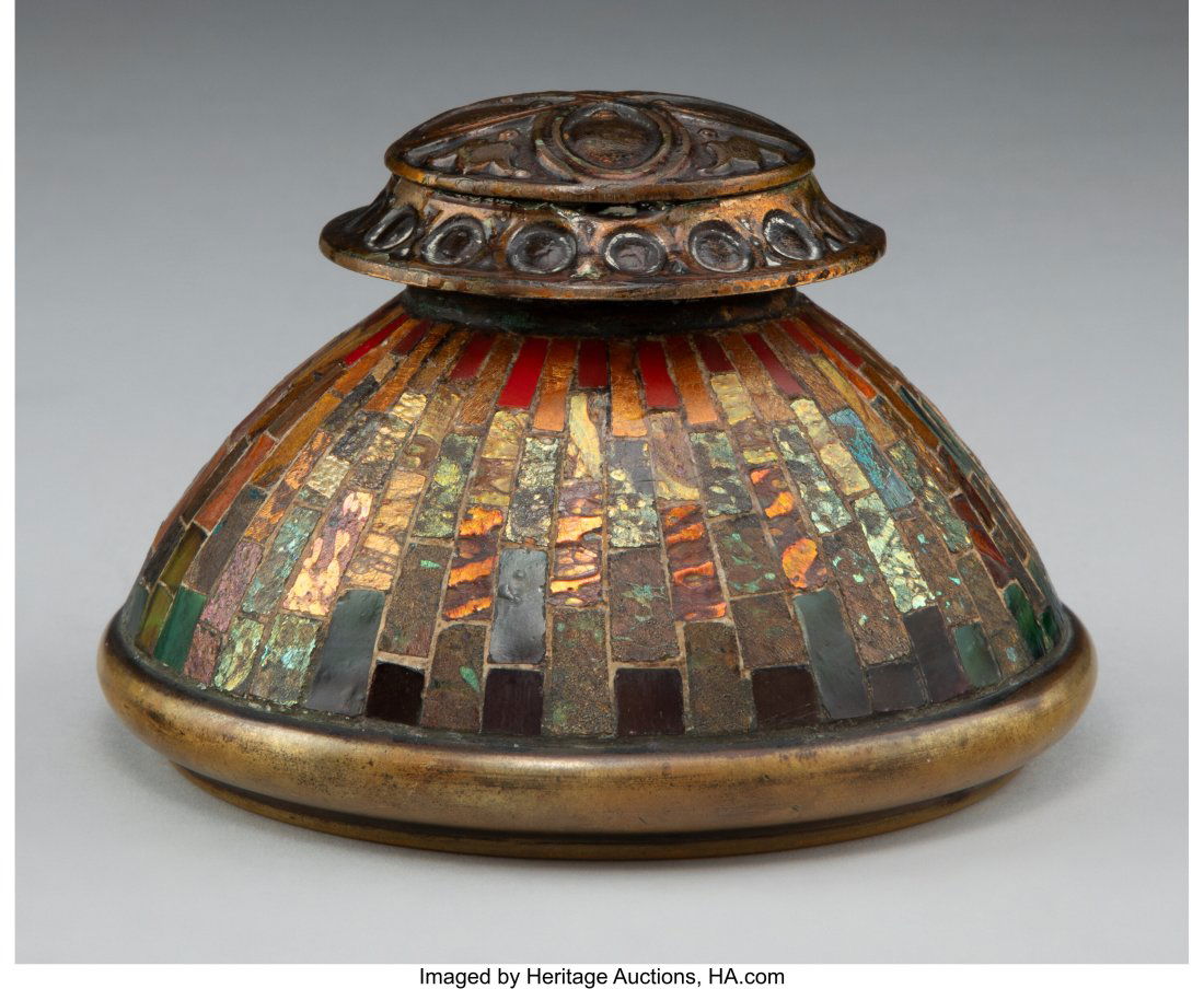 Tiffany Studios Mosaic and Patinated Bronze Inkw: Tiffany Studios Mosaic and Patinated Bronze Inkwell, circa 1900 Marks: Tiffany Studios, D 1323 3-1/4 x 4-1/2 inches (8.3 x 11.4 cm) LITERATURE: A. Duncan, Tiffany Lamps and Metalware: An illustrated r