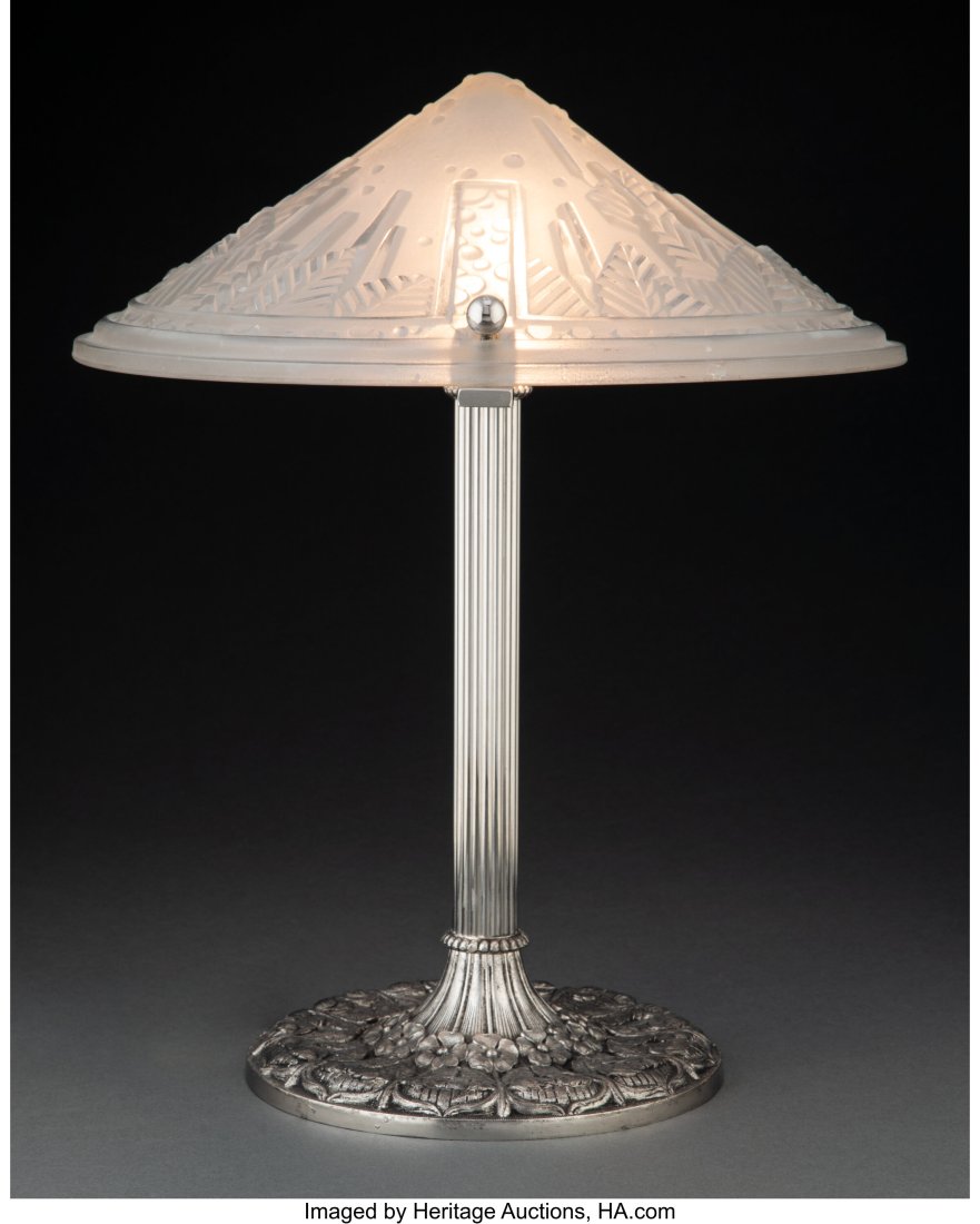 Muller Frères Art Deco Glass Shade on an Edward: Muller Frères Art Deco Glass Shade on an Edward Miller & Co. Silvered Metal Table Lamp Base, circa 1925 Marks to shade: MULLER FRES LUNÉVILLE Marks to base: 