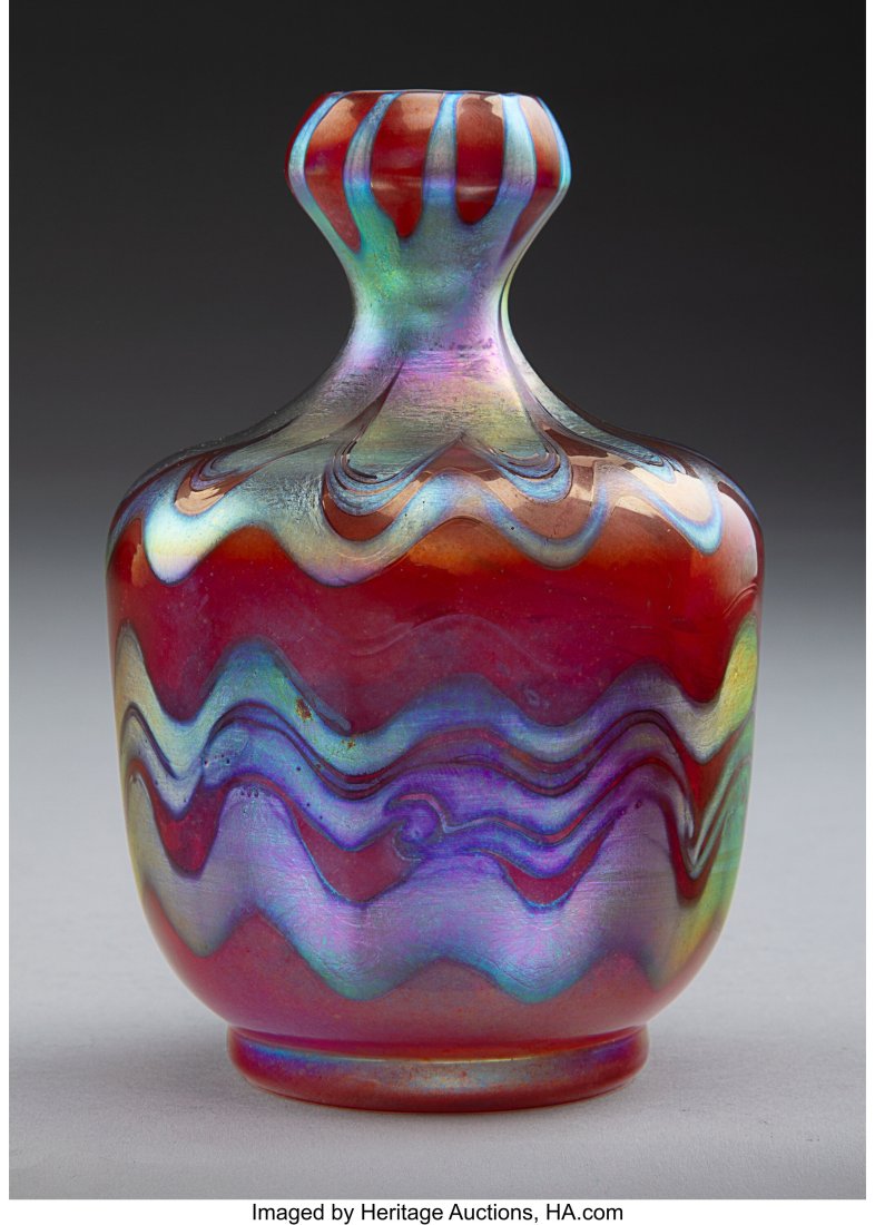 Rare Tiffany Studios Decorated Red Favrile Glass: Rare Tiffany Studios Decorated Red Favrile Glass Vase, circa 1910 Marks: U1024, L.C. Tiffany-Favrile 5-1/4 inches (13.3 cm) LITERATURE: P&per