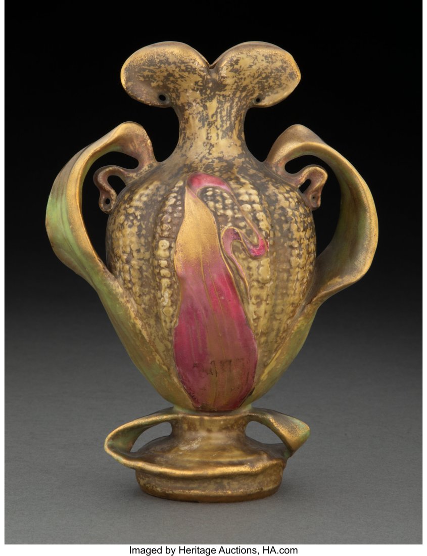 Riessner, Stellmacher & Kessel Amphora Partial G: Riessner, Stellmacher & Kessel Amphora Partial Gilt Earthenware Corn Vase, circa 1900 Marks: AMPHORA, AUSTRIA, 3426 6-3/4 inches (17.1 cm) Proper